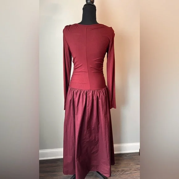 Commense Plain Long Sleeve Pleated Burgundy Dress - Picture 4 of 7